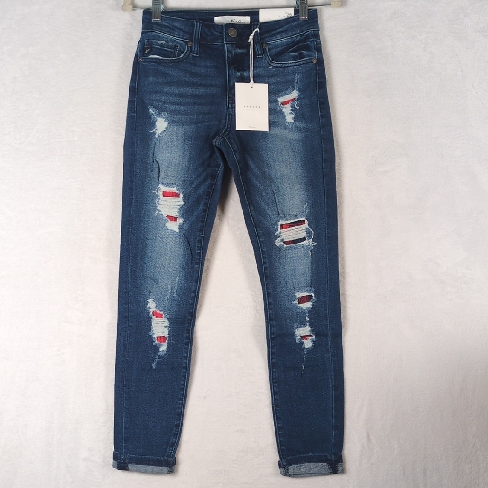 KanCan Women's Distressed Patchwork Mid Rise Skinny Jeans‎ Junior's 3
